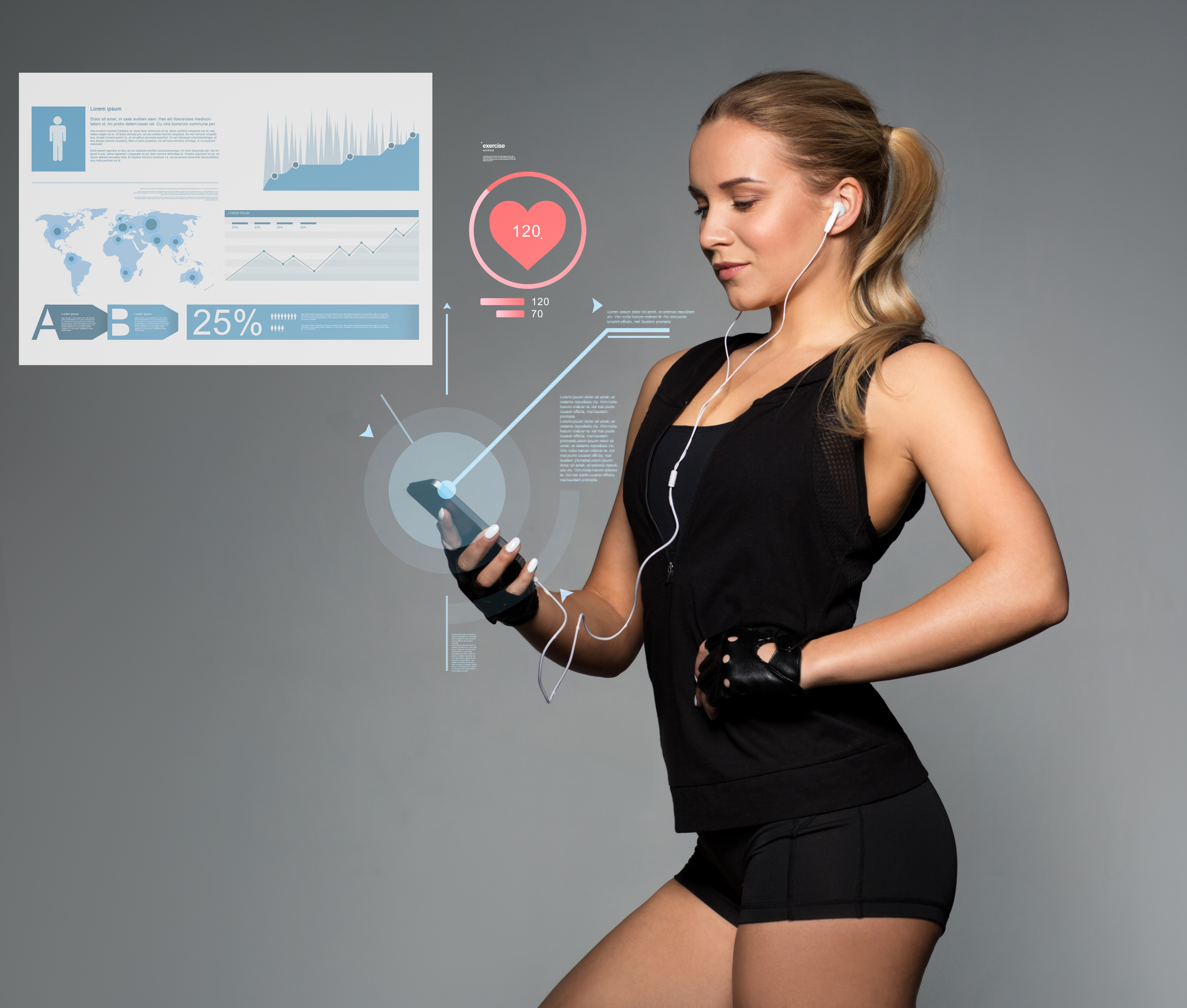 sport, fitness, technology and people concept - young woman with smartphone and earphones listening to music with charts and pulse